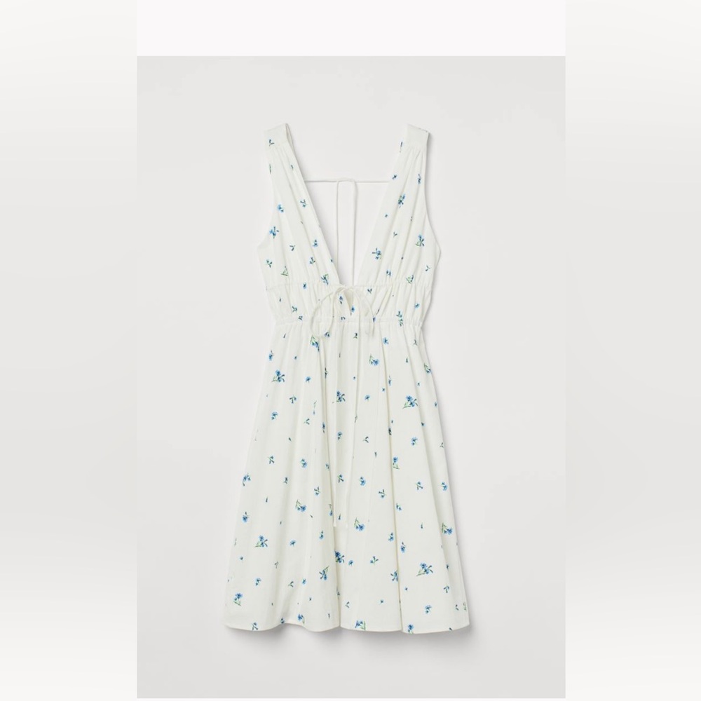 H & M white linen w/ blue flowers tie dress! NWT!